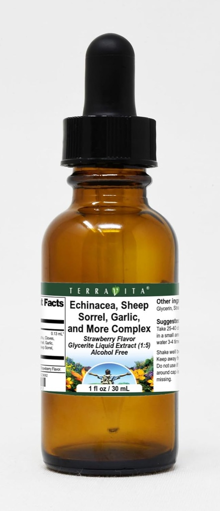 Terravita Echinacea, sau Sorrel, hvitløk og mer komplekse glyceritt flytende ekstrakt (1:5) - Jordbær Flavored (1 oz, ZIN: 523692)