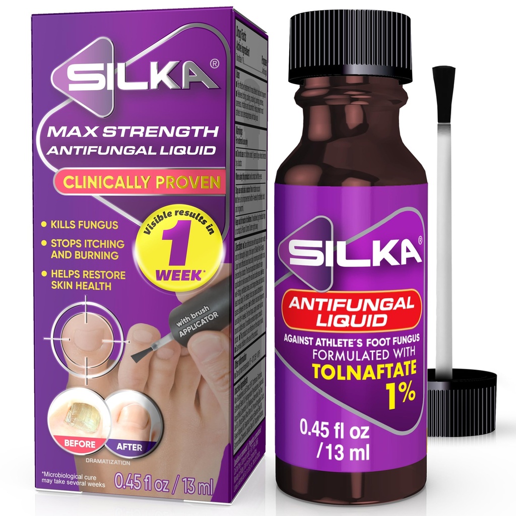 SILKA Max Styrke Antifungal væske for tåneil helse med børsteapplikasjon, Resultater i 1 uke, Nail Fungus behandling for skadet tåneiler, Atlete fotbehandling, Tolnaft 1% 0,45 F Oz