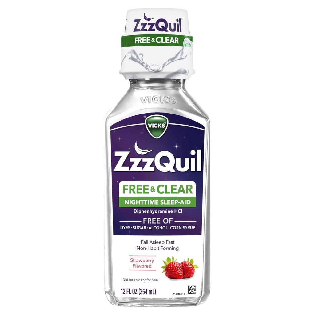 ZzzQuil, Natt søvnhjelp flytende, gratis av alkohol og kunstige dyser, 50 mg Diphenhydramine HCl, No.1 søvnhjelp merkevare, falle sove raskt, ikke-habit forming, berry flavor, 12 FL OZ