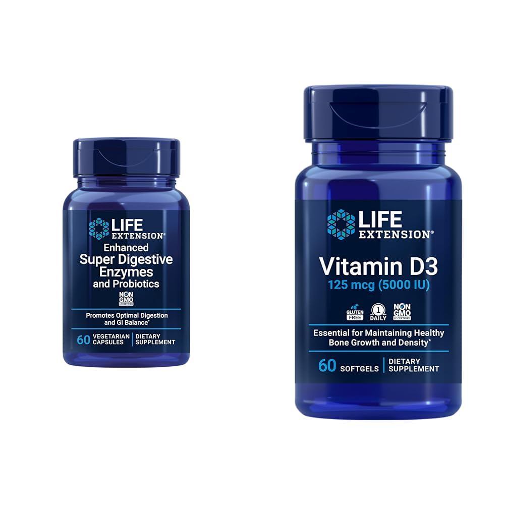 Livsforlengelse 60-talls Super Digestive Enzymer & 5000 IE vitamin D3 kapsler for digestion, bein, hjerne, immun helse