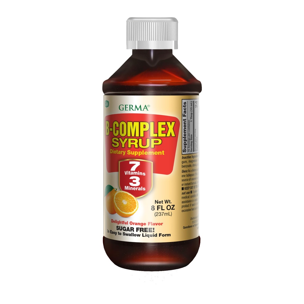 Germa B-Complex Syrup. Kosttilskudd. Bone Helse, vekst og utviklingshjelp. Sukkerfri. Orange Flavor. 8 oz
