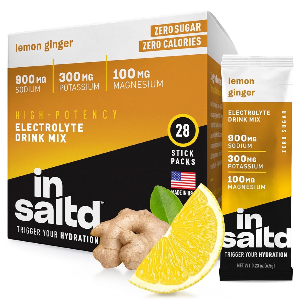 INSALTDTM Sukkerfri elektrolytter pulverpakker uten Stevia Aftertaste | Høy potens Hydration Packets | Keto Elektrolytte drikker | Intermittent Fastende Drikkeblanding | 28 Pack (Lemon Ginger)