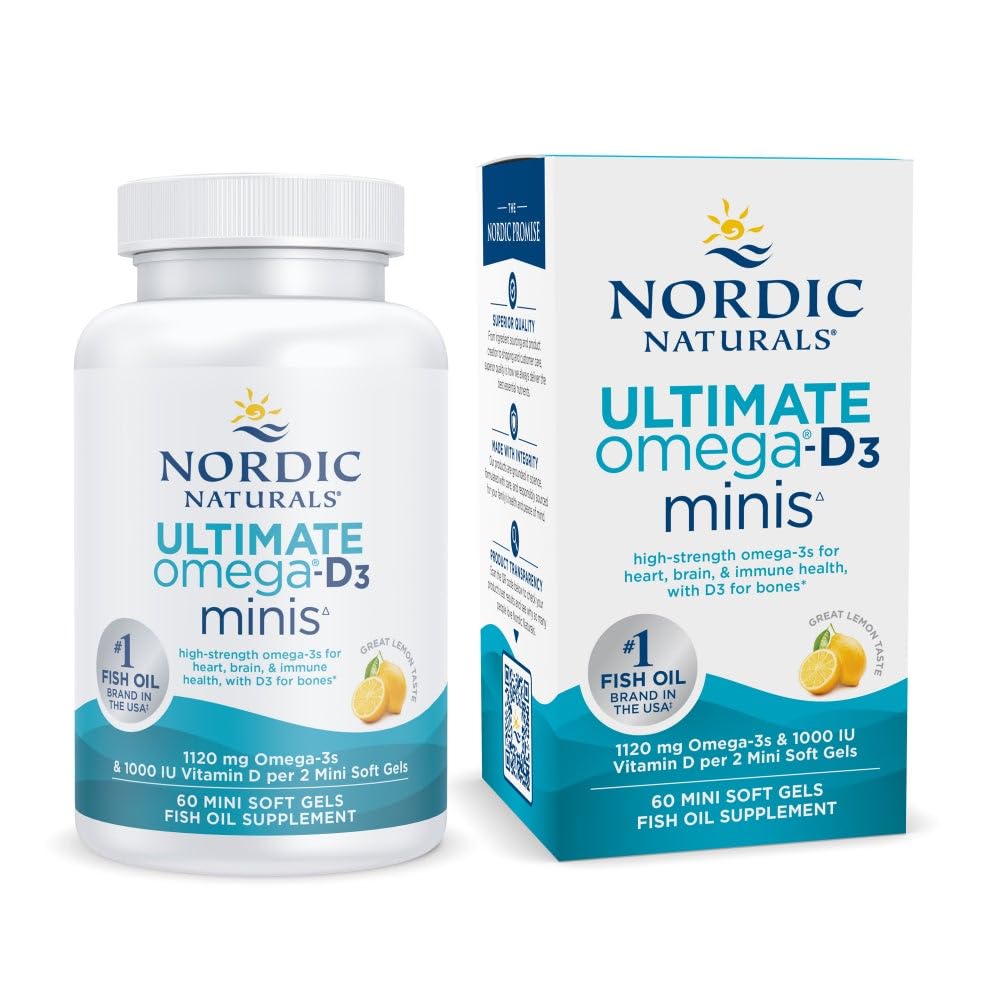 Nordic Naturals Ultimate Omega Mini D3, Lemon Flavor - 60 Mini Soft Gels - 1120 mg Omega-3 + 1000 IU Vitamin D3 - EPA & DHA - Fremmer hjerne- og hjertehelse - 30 Services