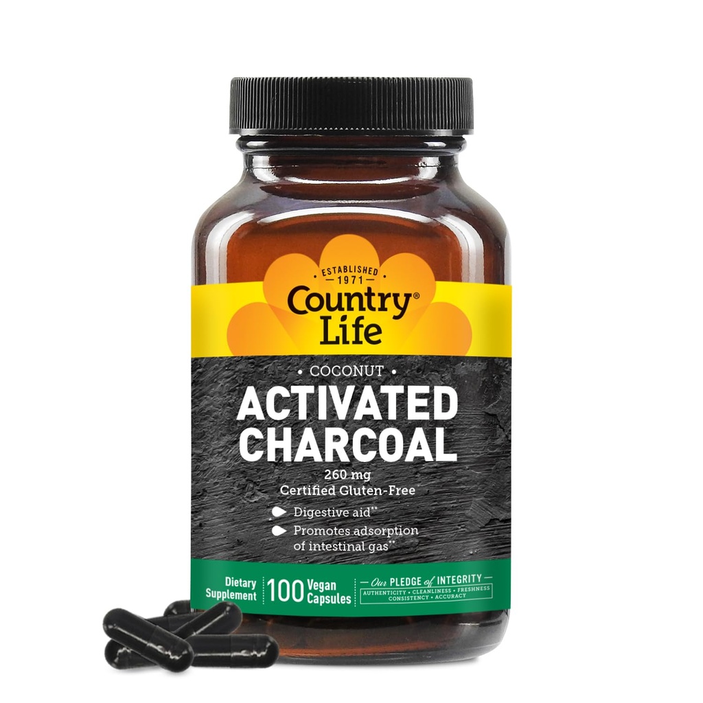Country Life Coconut Aktivert Charcoal Capsules, 260mg - Naturlig Charcoal Supplement for gass og blomstrende relief - Glutenfri, 100 vegansk kapsler