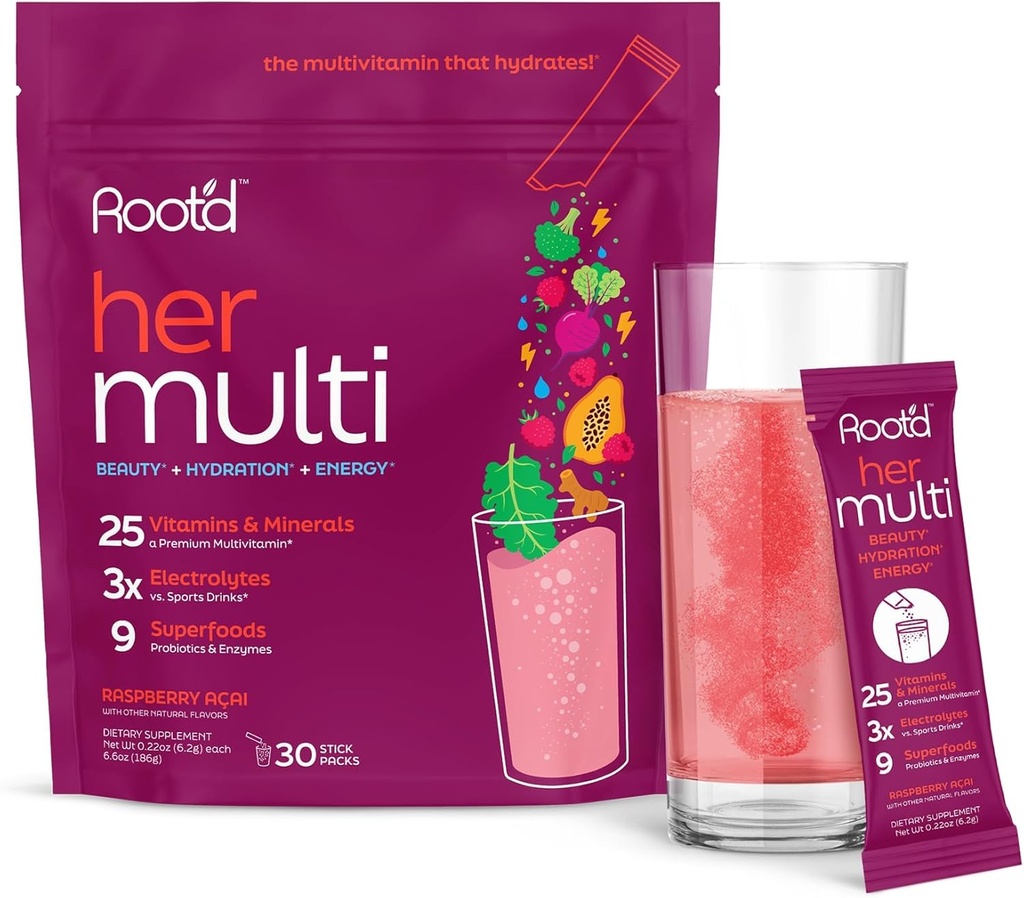 Root'd Multivitamin Powder for kvinner - 25 vitaminer og mineraler med 3X elektrolyter, 9 organiske supermatvarer, probiotika og enzymer, sukkerfri multivitamin og hydrasjon ® 30 vitamin drikkemiks pakker