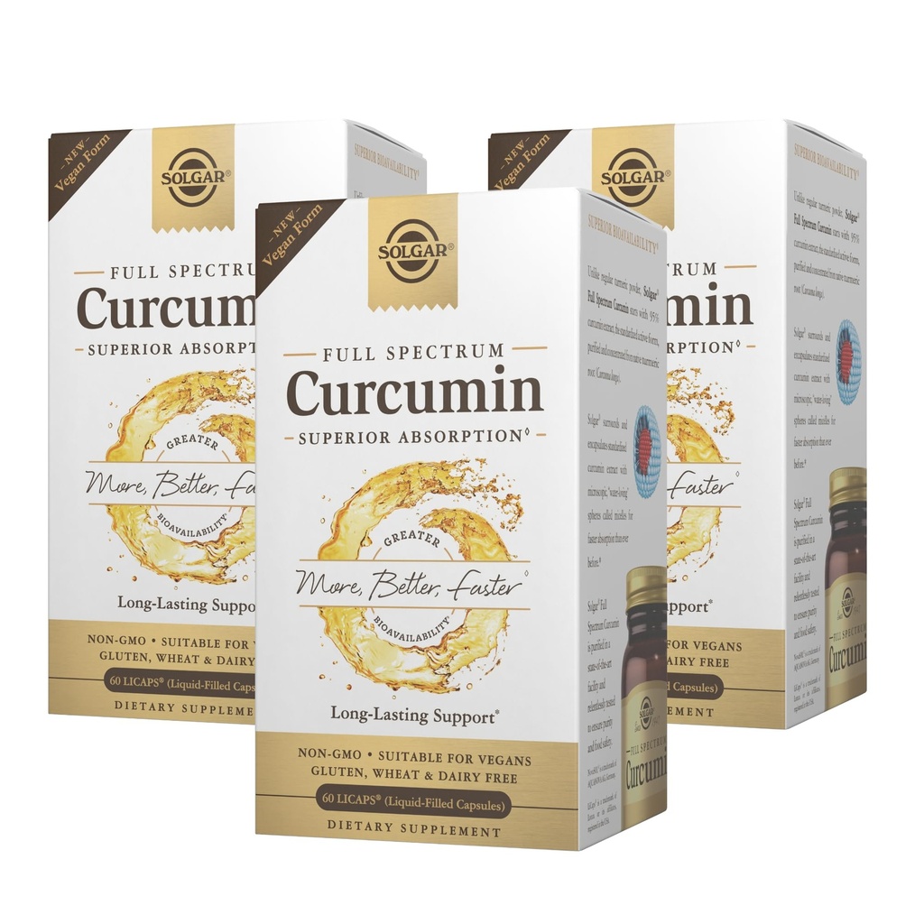 Solgar Full Spectrum Curcumin - 60 LiCaps, Pakke med 3 - Superior Absorpsjon - Hjerne, Joint & Immune Health - Non-GMO, Vegan, Glutenfri, Dairy Free - 180 Total Services