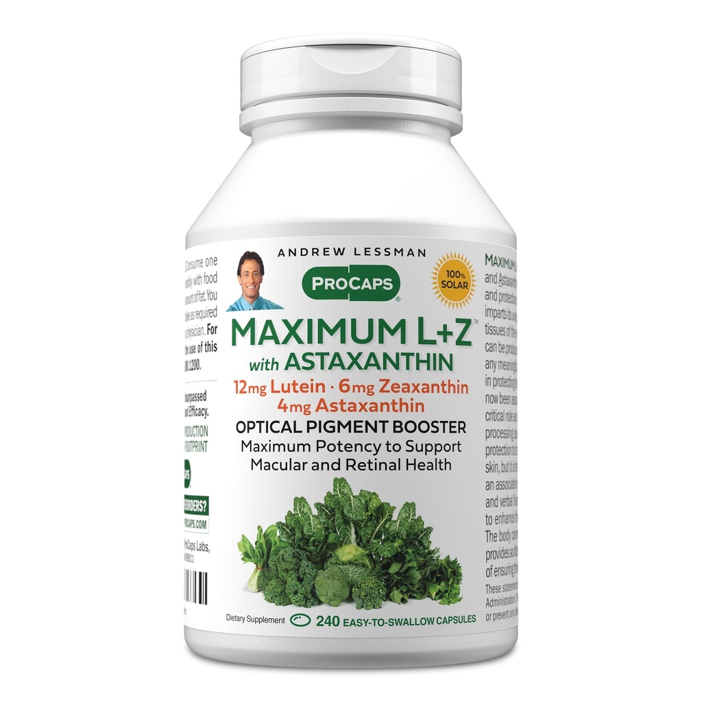 ANDREW LESSMAN Maksimal L+Z med Astaxanthin 240 Softgels - 12 mg Lutein, 6 mg Zeaxanthin, 4 mg Astaxanthin. Nøkkelnæringsstoffer for å støtte øye og hjerne helse, og fremme sunn visjon.