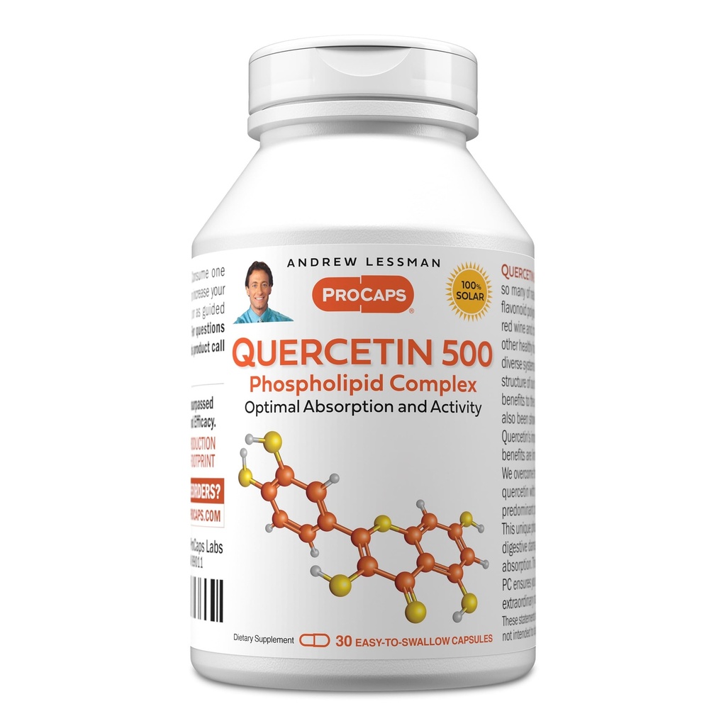 ANDREW LESSMAN Quercetin 500 mg - 30 kapsler - 500 mg Unikt Quercetin Fosfolipid Complex, høyabsorberbar formel for å støtte sunn hjerte, sirkulerende og immunfunksjon. Ingen additiver.