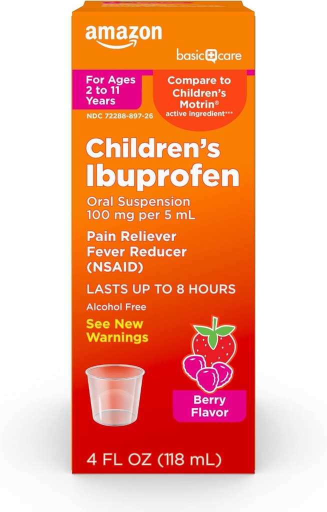 Basic Care Barnas Ibuprofen Oral Suspensjon 100 mg, Berry, 4 fl oz (pakke med 1)