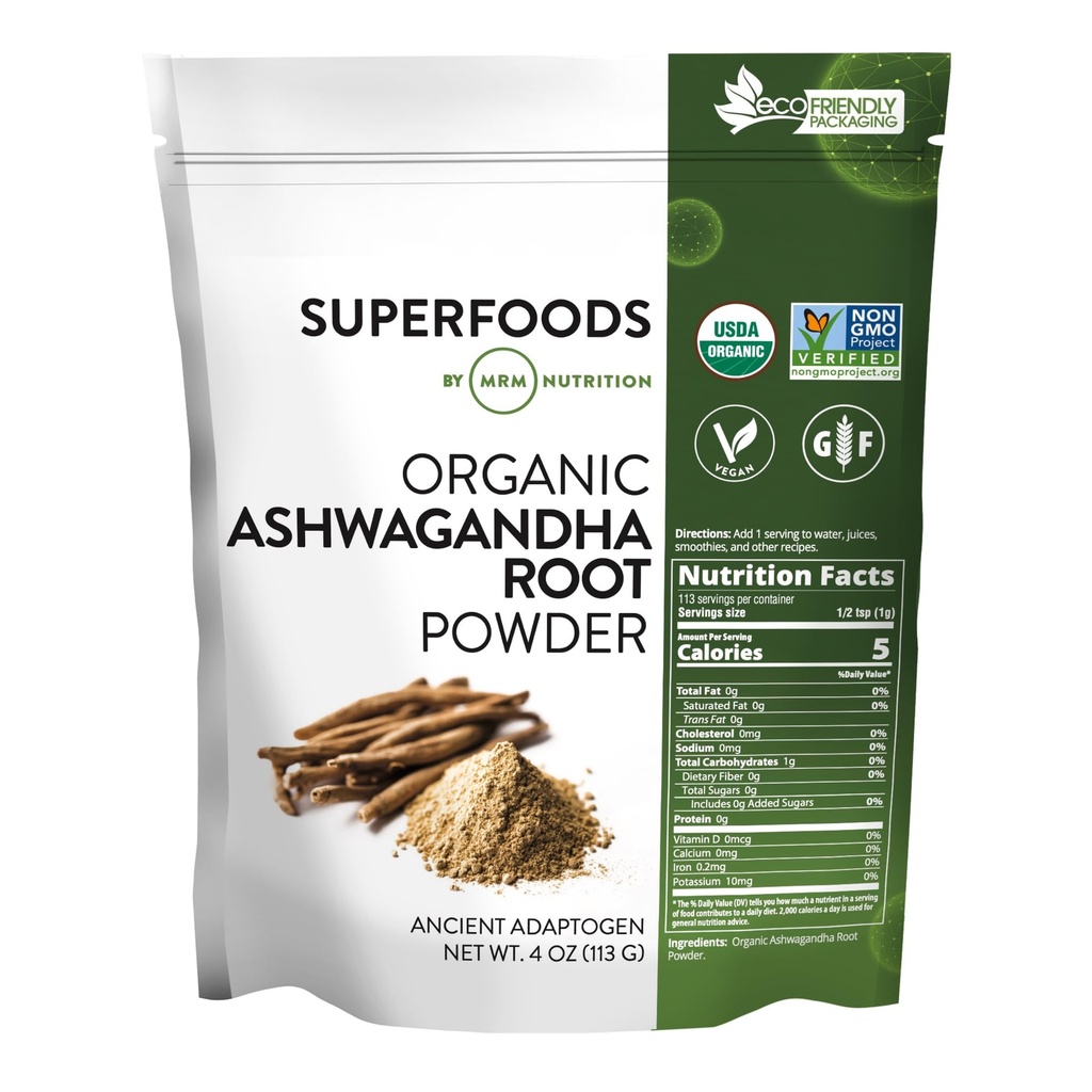 MRM Ernæring Organic Ashwagandha Root Powder | Superfoods | Gamle adaptogen | Antioksidanter | Vegan + Glutenfri |