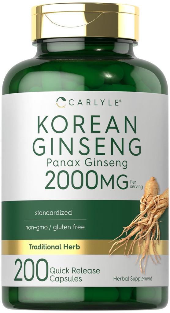 Carlyle koreansk Ginseng ekstrahere kapsler 2000 mg | 200 kapsler | Ikke-GMO og glutenfri formel | Standardisert Panax Ginseng Supplement
