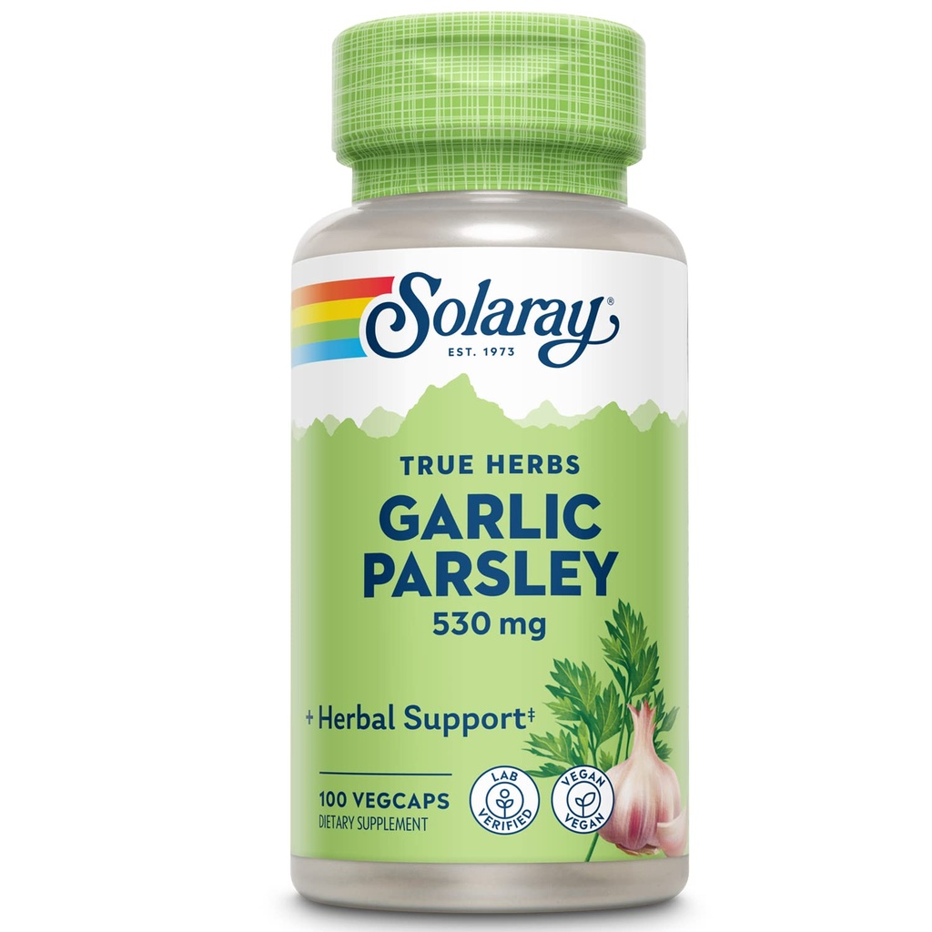 SOLARAY hvitløk Bulb & Parsley Leaf 530mg | Sunn kariovaskulær og immunsystem funksjonsstøtte | Non-GMO, Vegan & Lab Verifisert | 100 Vegkaps