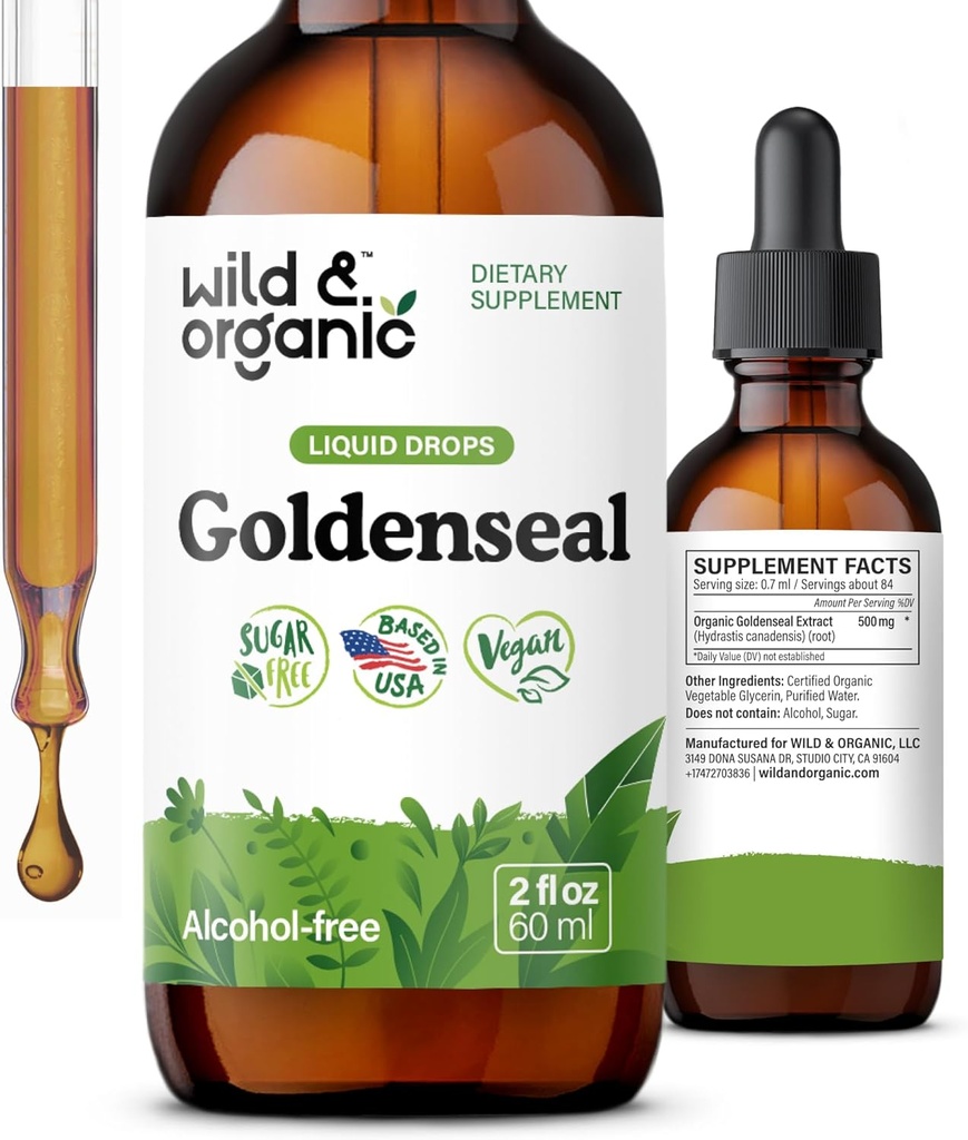 Wild & Organic Goldenseal Root Tinktur - Lung Cleanse, Immun & Digestive Support - Flytende Goldenseal Supplement - Vegan, Sukker & alkoholfri urter - 2 fl oz