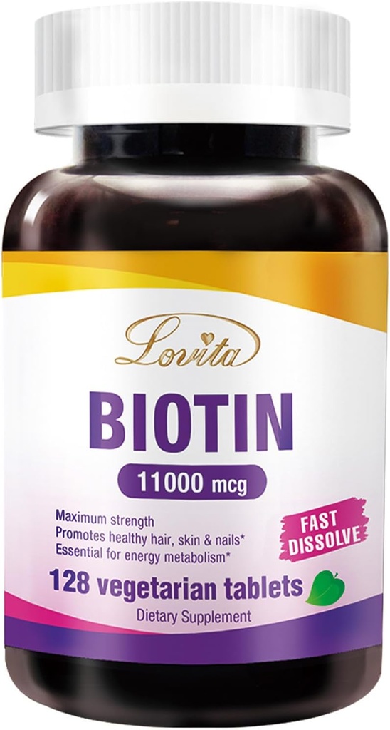 LOVITA Maks. styrke 11.000mcg Biotin: Fast dissolving, Vegetariske tabletter - lett absorbert, Gluten & Dairy-Free, 128 Vegan-vennlige tabletter