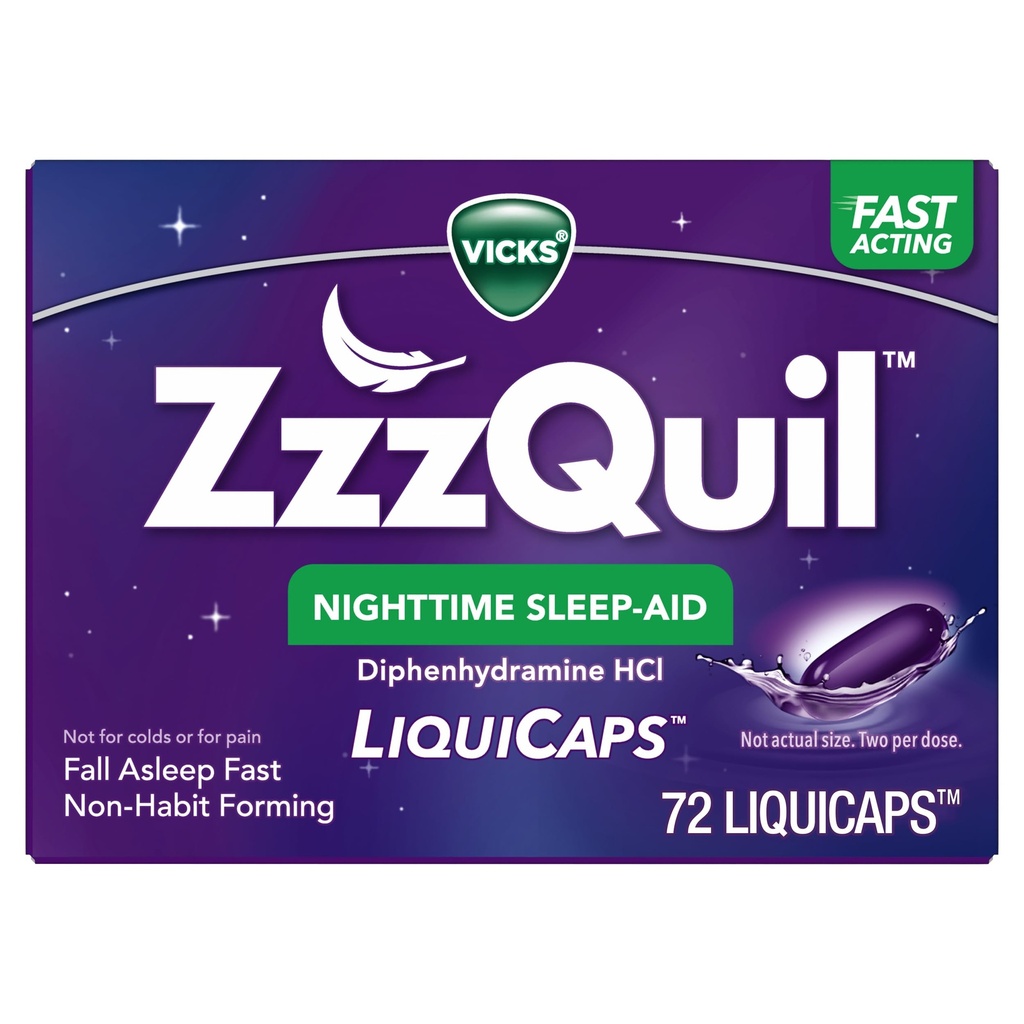 ZzzQuil LiquiCap søvnhjelp, Diphenhydramine 25mg HCl, søvnhjelp for voksne, natt søvnhjelp, 72 LiquiCaps