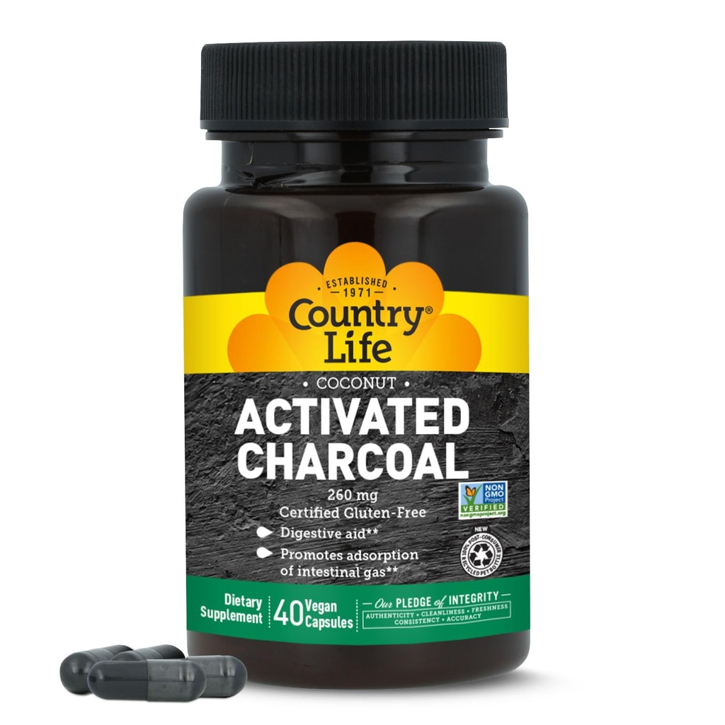 Country Life Coconut Aktivert Charcoal Capsules, 260mg - Naturlig Charcoal Supplement for gass og blomstrende relief - Glutenfri, 40 Vegan Kapsler