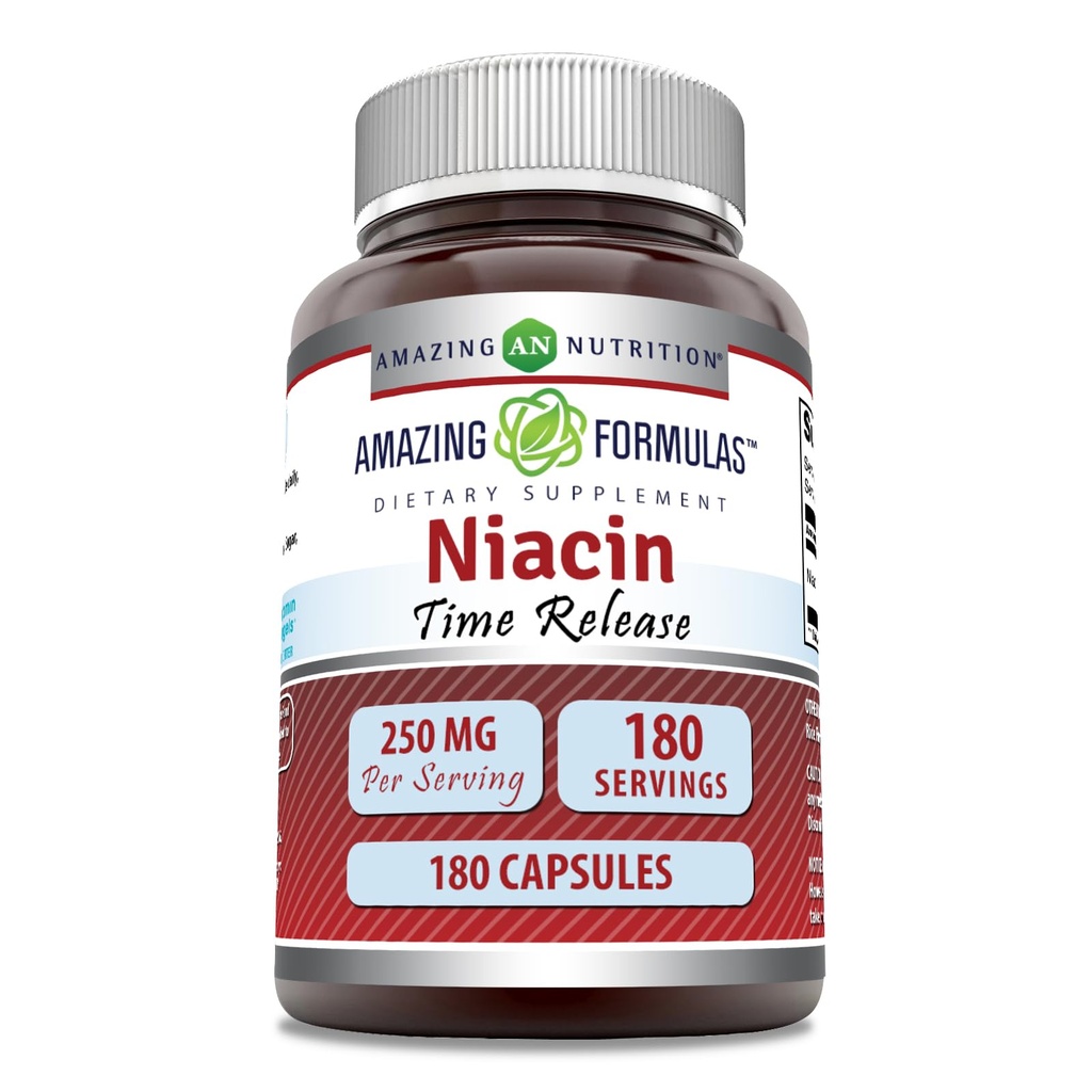 Amazing Formler Niacin (Vitamin B3) 250 mg 180 Kapsler Supplement | Ikke-GMO | Glutenfri | Maked i USA