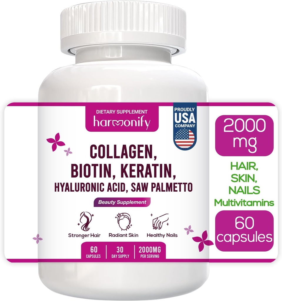 Kollagen Biotin Keratin Hyaluronsyre Kompleks Supplement med vitamin E, Folinsyre, Pumpkin Seed og MSM, 60 kapsler, 1000 mg