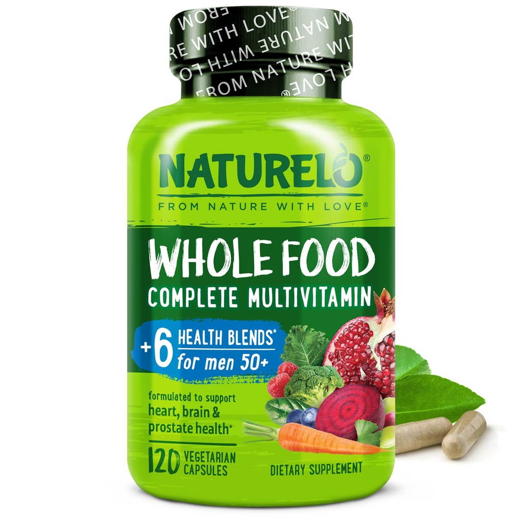 NATURELO Hele mat Multivitamin for menn 50 + - med vitaminer, mineraler, organiske urteekstrakter - Vegan vegetarian - for energi, hjerne, hjerte og øye helse - 120 kapsler