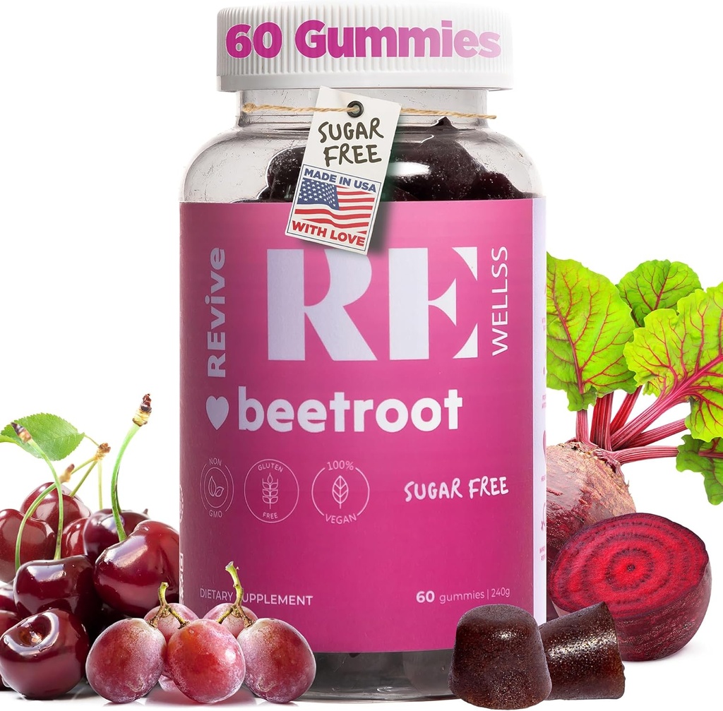 Beet Root Gummies med kornfrø ekstrahere energi kosttilskudd jeg sukker gratis nitric oksid kosttilskudd for menn og kvinner jeg generelt Helse og blodtrykk støtte I 60 gummier - Cherry Flavor