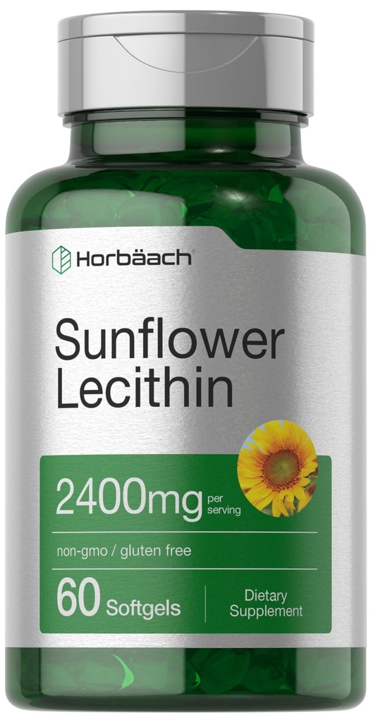 Horbäach solflower Lecithin Softgel kapsler | 2400mg | 60 piller | naturlig forekommende fosfolipider | Ikke-GMO, Glutenfri supplement