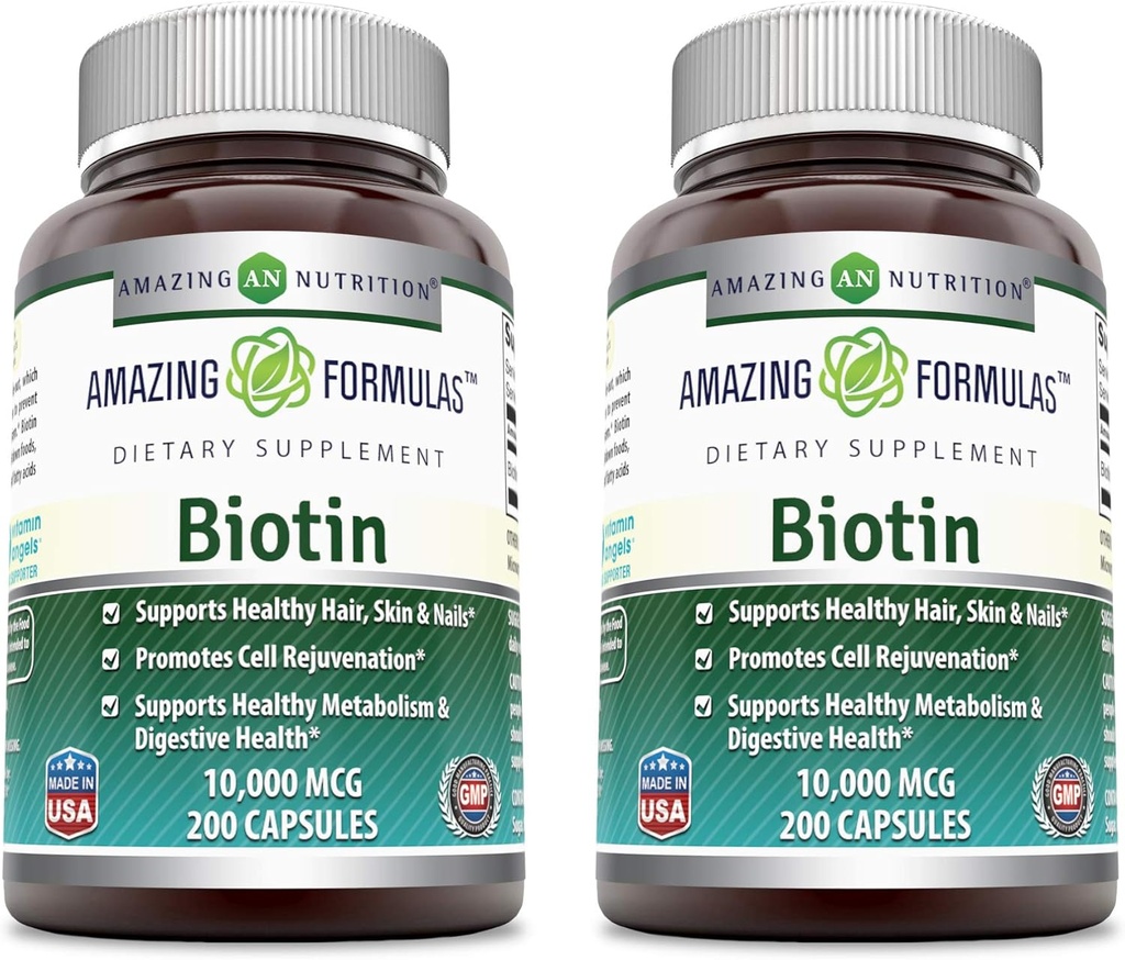 Amazing Formler Biotin 10000 mikrog Veggie Kapsler | Vitamin B7 Supplement | Ikke-GMO | Glutenfri | Laget i USA (200 greve | 2 pakke)