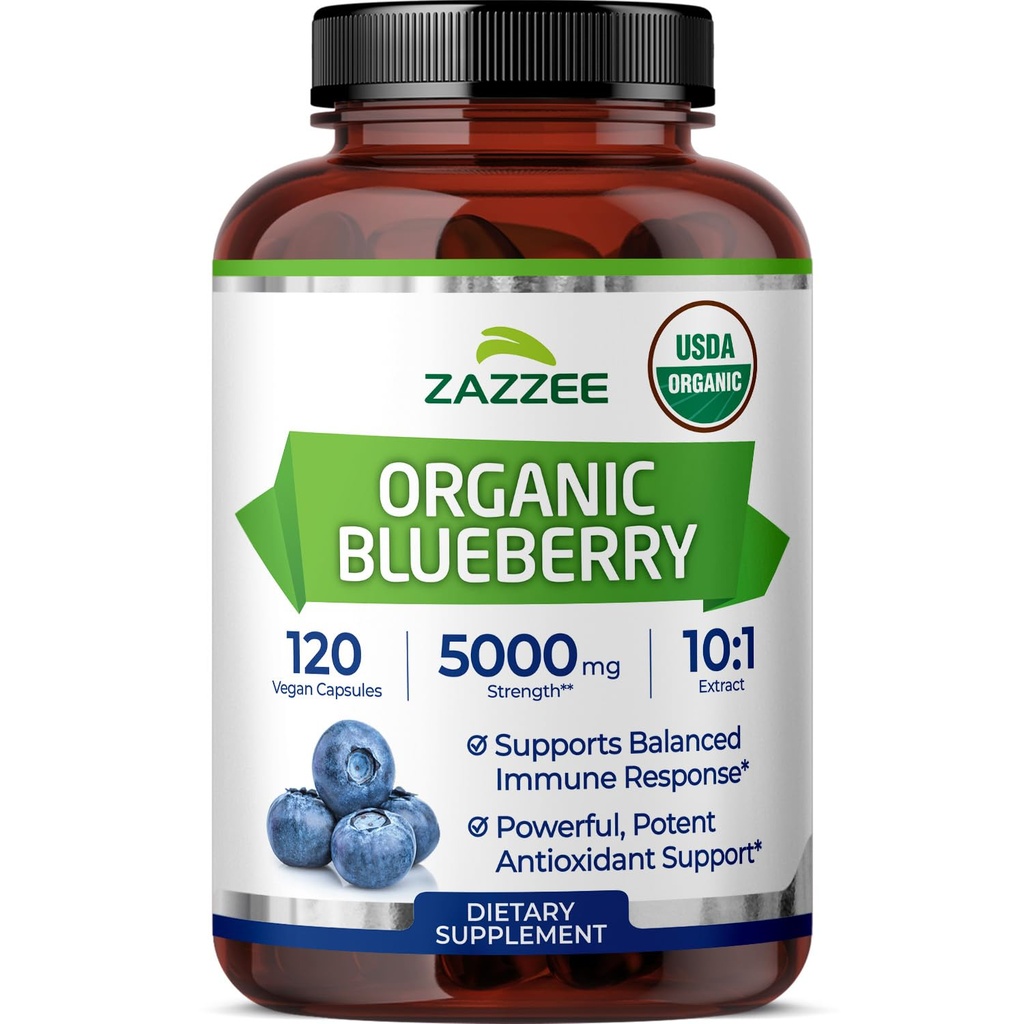 Zazzee USDA Organic Blueberry 10:1 Ekstrakt, 5000 mg styrke, 120 veganske kapsler, 4 måneders forsyning, konsentrert og standardisert 10X hele fruktekstrakt, 100% vegetarisk, ikke-GMO, laget i USA