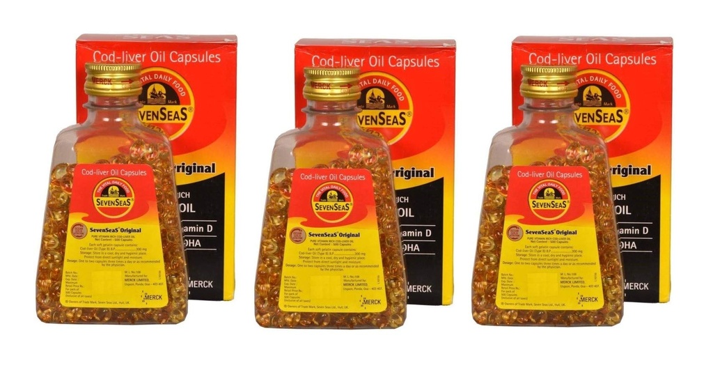Seenses Cod Liver Oil 500 mykgel kapsler (pakke på 3) | 500 * 3=1500 kapsler | ren vitamin rik | Beste immun helse, sunne ben og muskler kosttilskudd