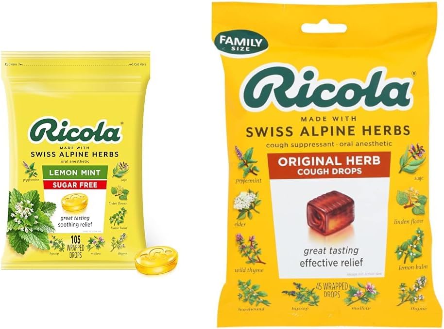 Ricola Sukker Gratis sitron Mint Herbal Cough Suppressant Throat drops, 105ct veske og opprinnelig naturlig urt Cough Suppressant Throat Drops, 45 drops, kjemper Coughs naturlig