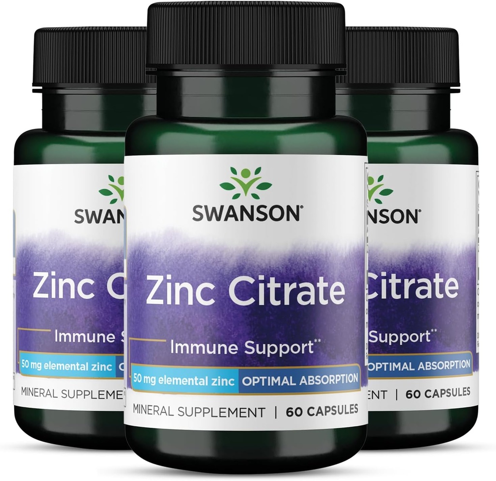 Swanson Zinc Citrate - Mineral Supplement som fremmer sunn visjon og immunsystem helse - naturlig formel som støtter generell velvære - (60 kapsler, 50 mg hver) 3 Pack