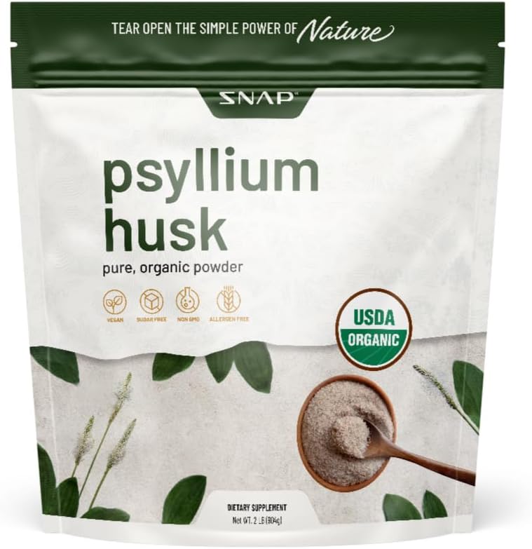 Snap Supplements Psyllium Husk USDA Organic Powder, Støtte Sunn Gut, Cleanse Digestive System, Hjelper Digestive Helse, Ikke-GMO, Rent organisk pulver, 2LB