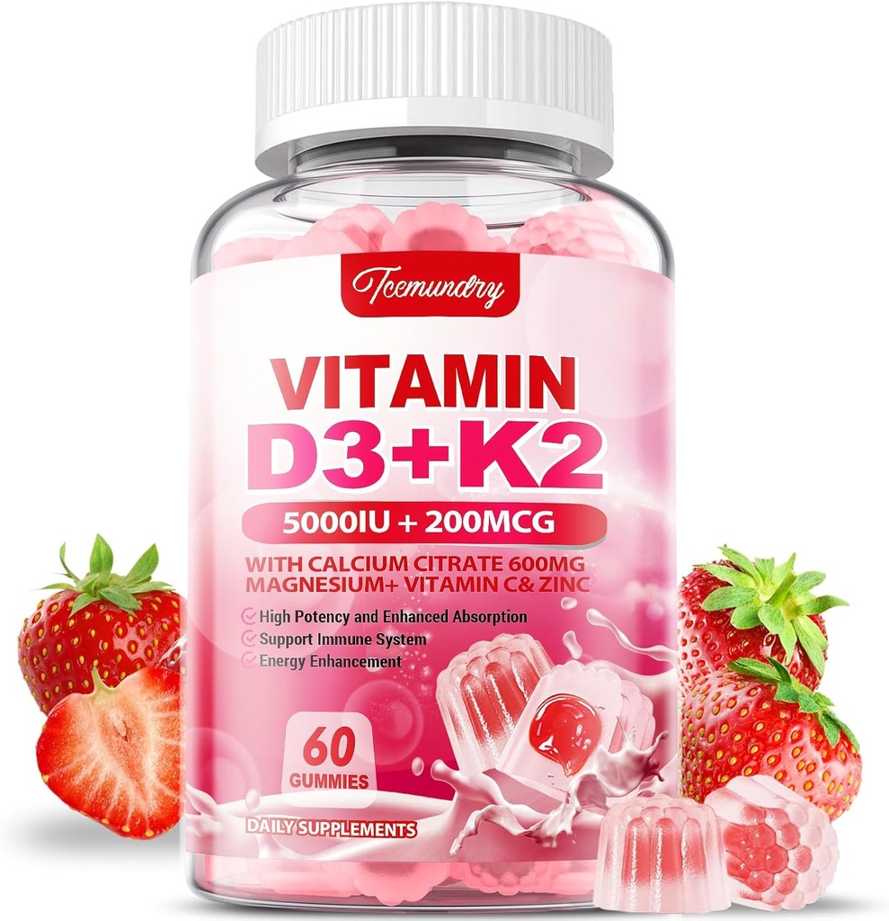 Vitamin D3 K2 Supplement for voksne - Vitamin D3 5000 IU + K2 200 MG - VIT D3 K2 Gummies med kalsium 600 mg Magnesium Sink & vitamin C for kvinner - støtter B0ne, Muscle Immune