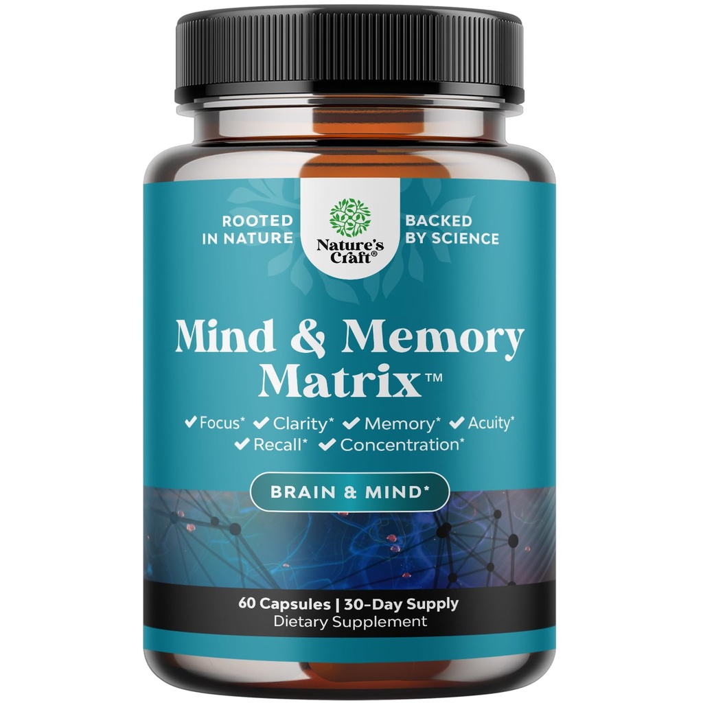 Naturlig sinn og minne Supplement for økt mental ytelse og klarhet støtter hjernefunksjon laget med ren grønn te ekstrakt DMAE Bitartrat og vitaminer 60 kapsler av naturens håndverk