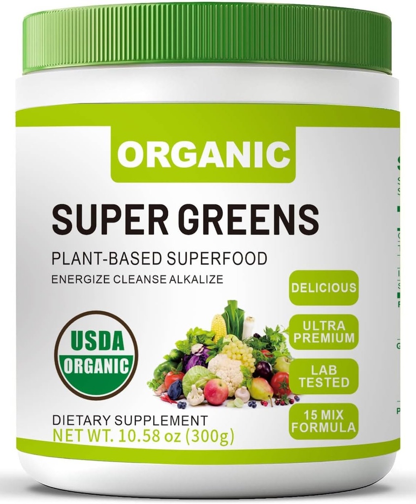 Organic Super Green Superfood pulver med Spirulina & Klorella for Gut helse, støtter immunisme, Digestive helse, Naturlig energi, Probiotika, Antioksidant, Digestive Enzymer, (300grs)