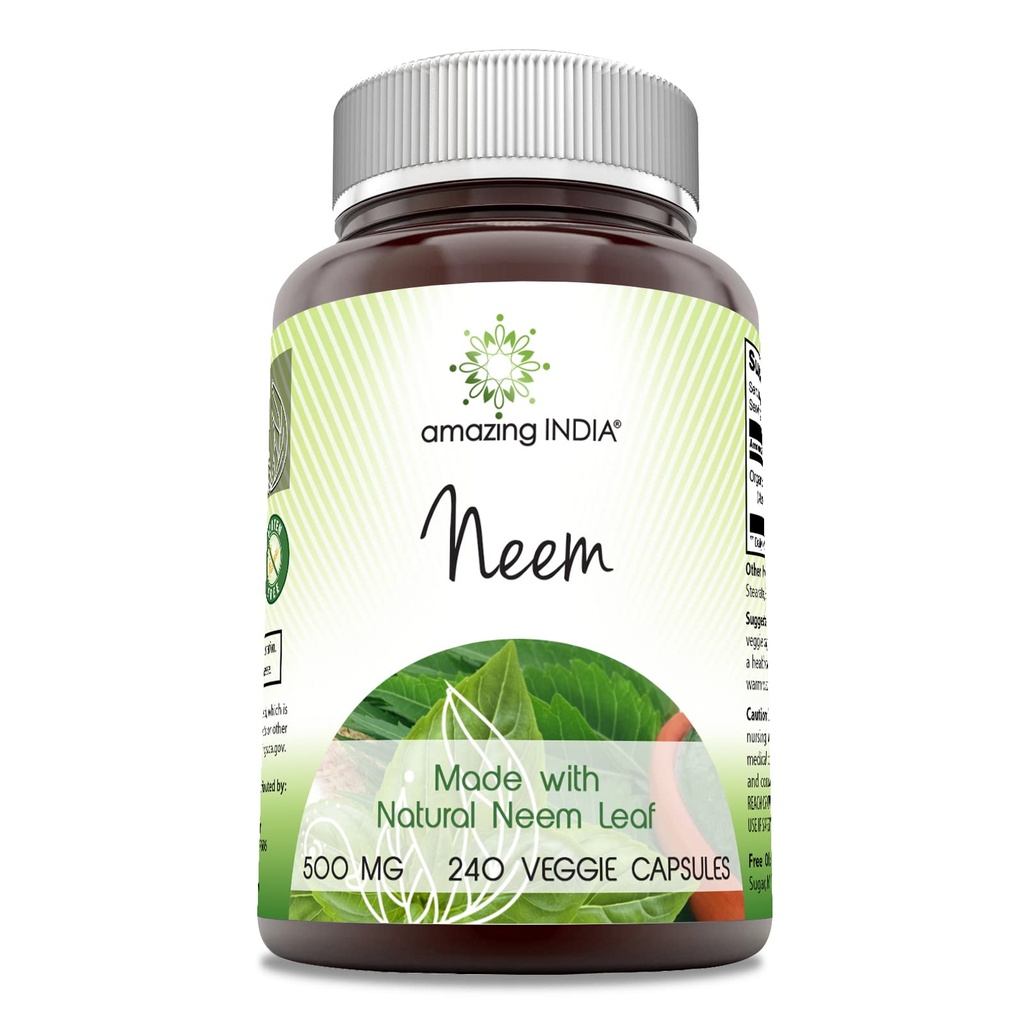 Amazing India Neem (Made med naturlig Neem Leaf) 500 mg Veggie Capsules Supplement | Ikke-GMO | Glutenfri | laget i USA | Egnet for vegetarianere (240)