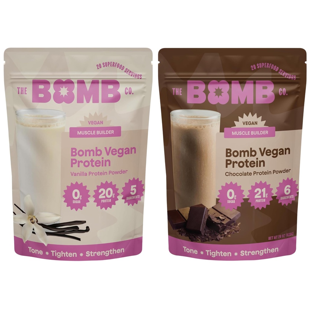 Blender Bomber Bomben Co Bomb Plant Protein, Sjokolade og vanilla Protein pulver med 21g Protein, Aminosyrer, null sukker, Pea Protein, Cocoa, Chia frø, Vanilla & Monk Frukt, 40 Srvgs