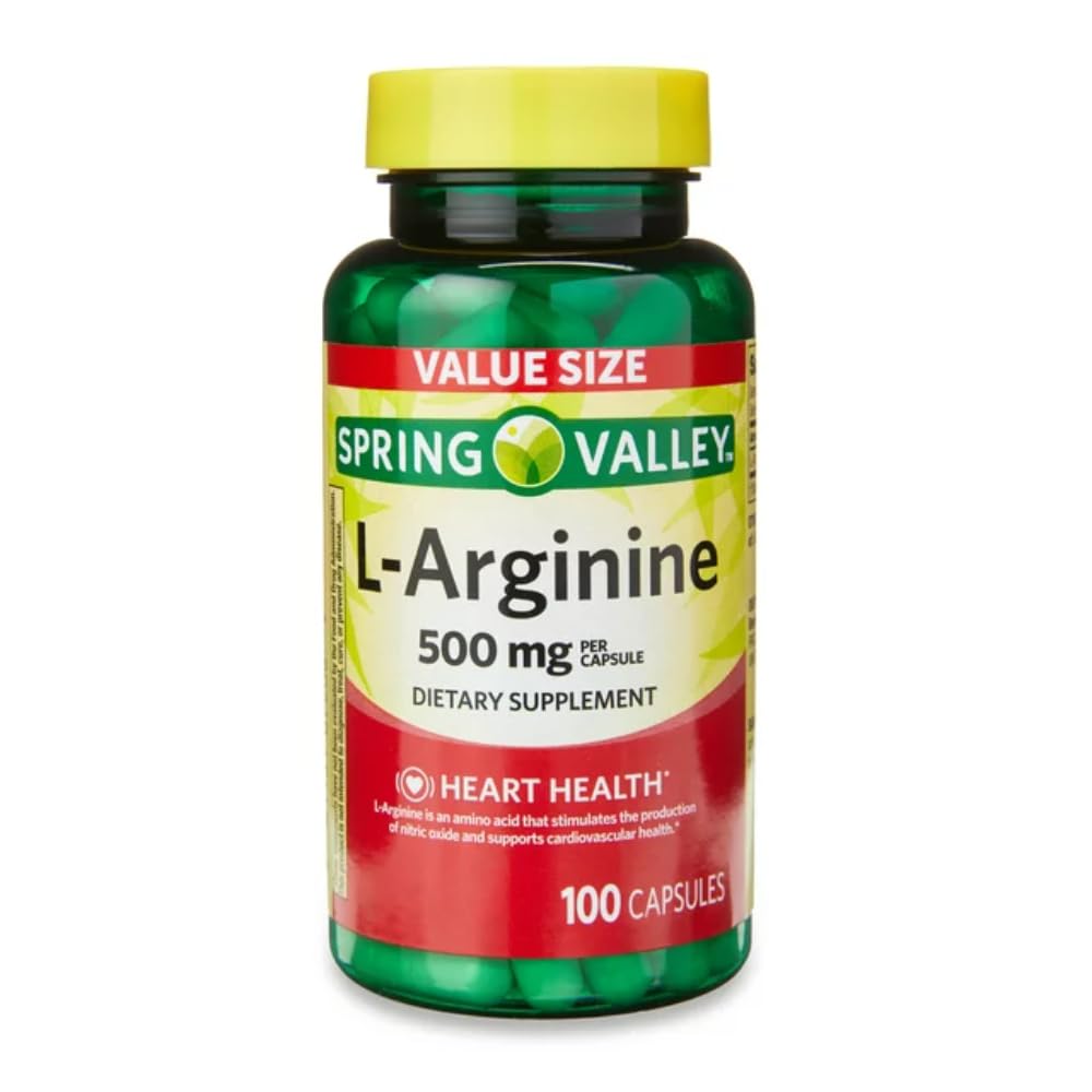 Generisk Spring Valley L'Arginine Amino hjerte Helse Supplement Kapsler, 500 mg, verdistørrelse, 100 greve + 1 Mini Pill Container (Style & Farge Varies)