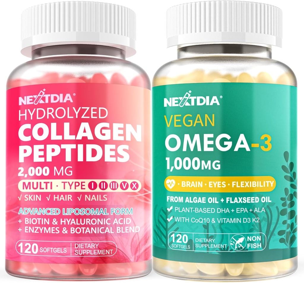 Hydrolysert collagen peptider piller + vegansk omega 3 Supplement med vitamin D3 K2