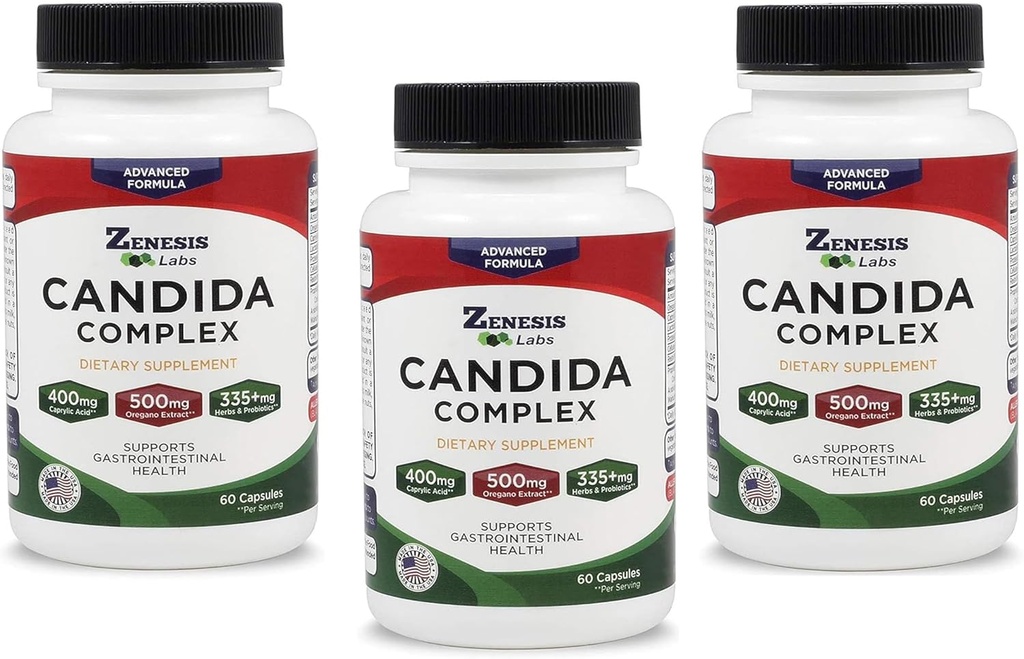 Zenesis Labs Candida Complex Cleanse Detox Caprylsyre Supplement, Oregano Extract, Probiotika, Enzymes - bulk 180 Kapsler, 90 dagers forsyning (60 kapsler / Bottle)
