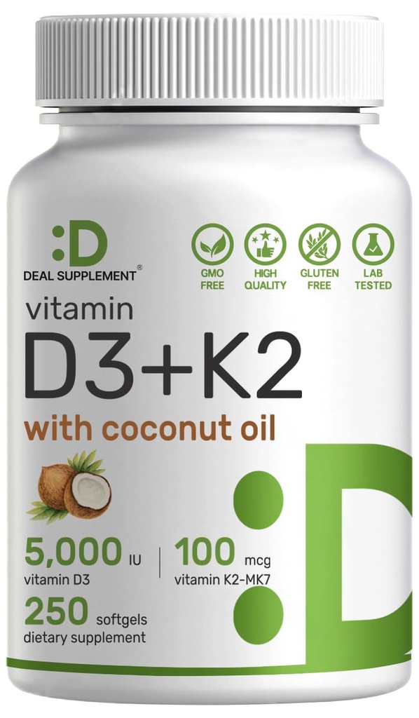 DEAL Supplerende Vitamin D3 5000 IU + K2 MK7 100mcg Softgels | 2-i-1 Kompleks med Jomfru Coconut olje | Støtter hjerte, bein, tenner og immun helse | lett å svelge