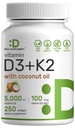 DEAL Supplerende Vitamin D3 5000 IU + K2 MK7 100mcg Softgels | 2-i-1 Kompleks med Jomfru Coconut olje | Støtter hjerte, bein, tenner og immun helse | lett å svelge