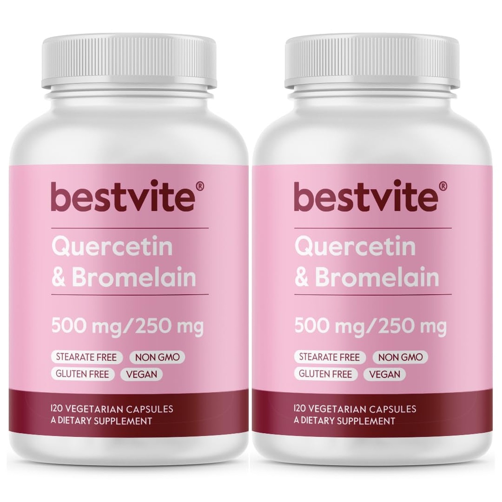 BESTVITE Quercetin med Bromelain 500mg/250mg (240 vegetariske kapsler) (120 x 2) - Ingen stearater - Ingen siliciumdioksid - Vegan - Ikke GMO - Glutenfri
