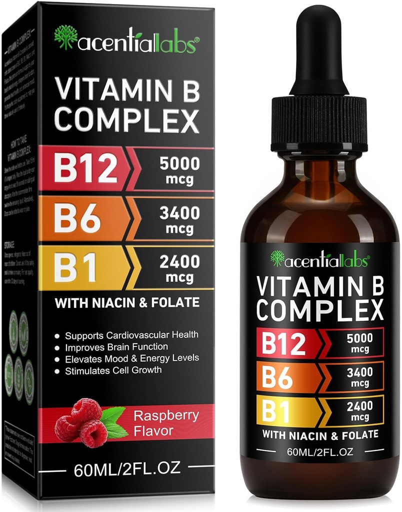 Vitamin B12 flytende dråper - organisk vitamin B12 sublingual dråper - organisk vitamin B-Complex B5 Pantothenic Acid - Vegansk B12 Sublingual 5000 mhg med vitamin B6, flytende B12 Methylcobalamin støtter