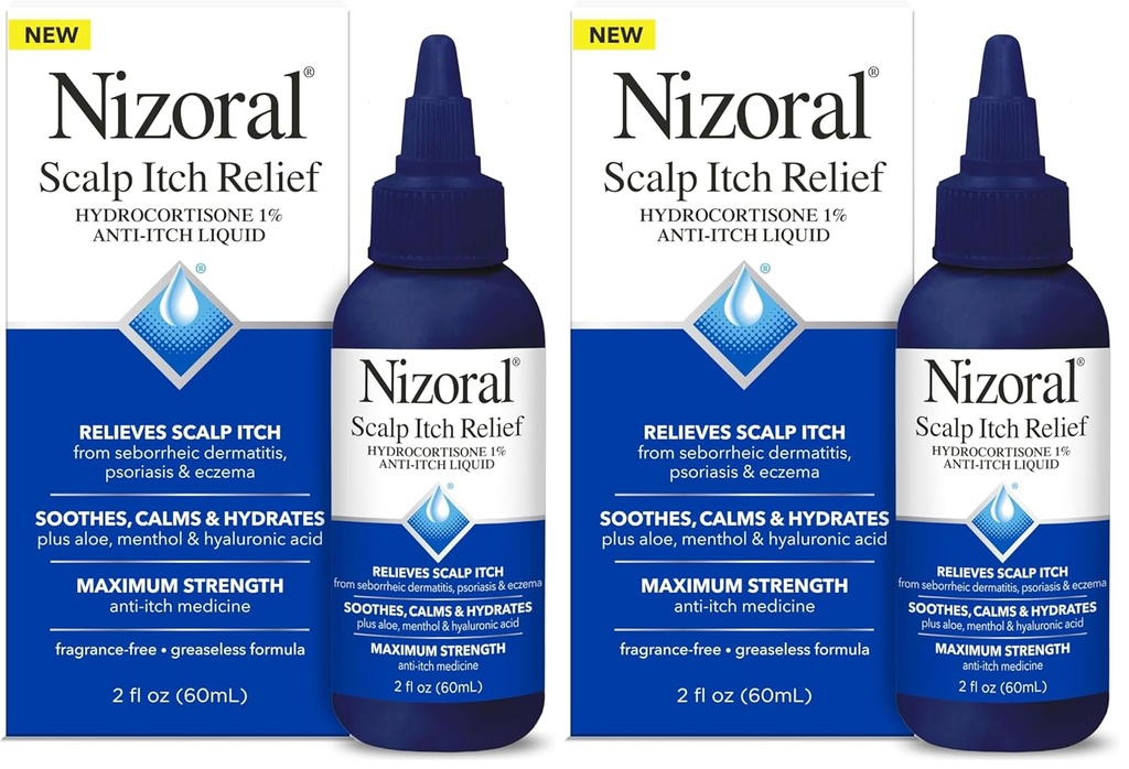Nizoral Scalp Itch Relief Liquid—Lever Scalp Itch og Soothes, beroliger og Hydrates med maksimal styrke Anti-Itch Medisin (Hydrokortison 1%), 2 Fl Oz (Pack of 2)