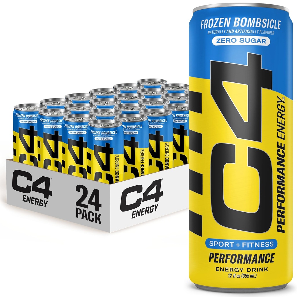 C4 Energy Drink 12oz (pakke med 24) - Frozen Bombsicle - Sukkerfri pre trening ytelsesdrikk uten kunstige farger eller dyser