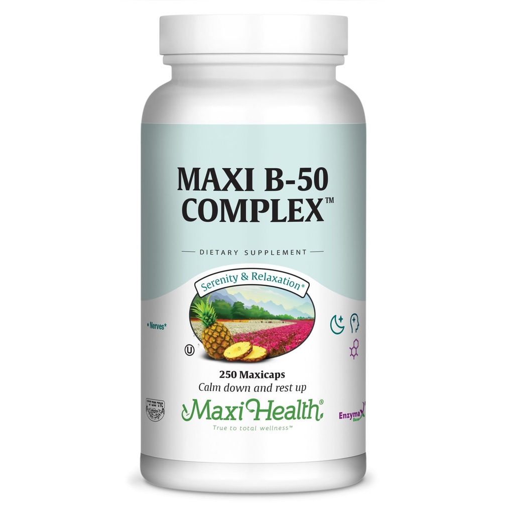 Maxi Helse Stress Relief Vitamin B-kompleks for kvinner og menn, Vitamin B6, B12, Biotin, Inositol, Folat, Vegan, Gluten og soya og melkefri, Kosher, Unflavored, 100 greve
