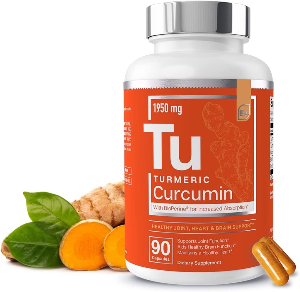 Essensielle grunnstoffer Turmeric Curcumin - Felles, hjerte og hjerne støtte - med Bioperin for økt absorpsjon 1950 mg - 90 kapsler