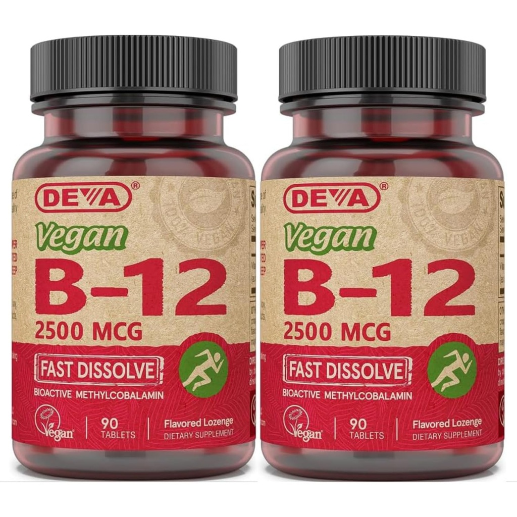 Deva Vegan vitaminer B-12, høy styrke 2500 mikrog B12, rask oppløsning, sublingual, 90 tabletter (pakke på 2)