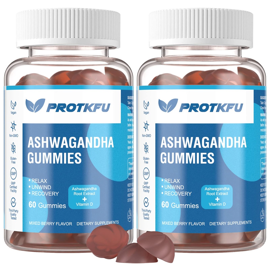 2 Pack Ashwagandha Gummies & vitamin D3 Gummies Organic Aswangdha Supplement for å forbedre søvn, stress relief & Mood Calm (Non-GMO, Glutenfri og sukkerfri)