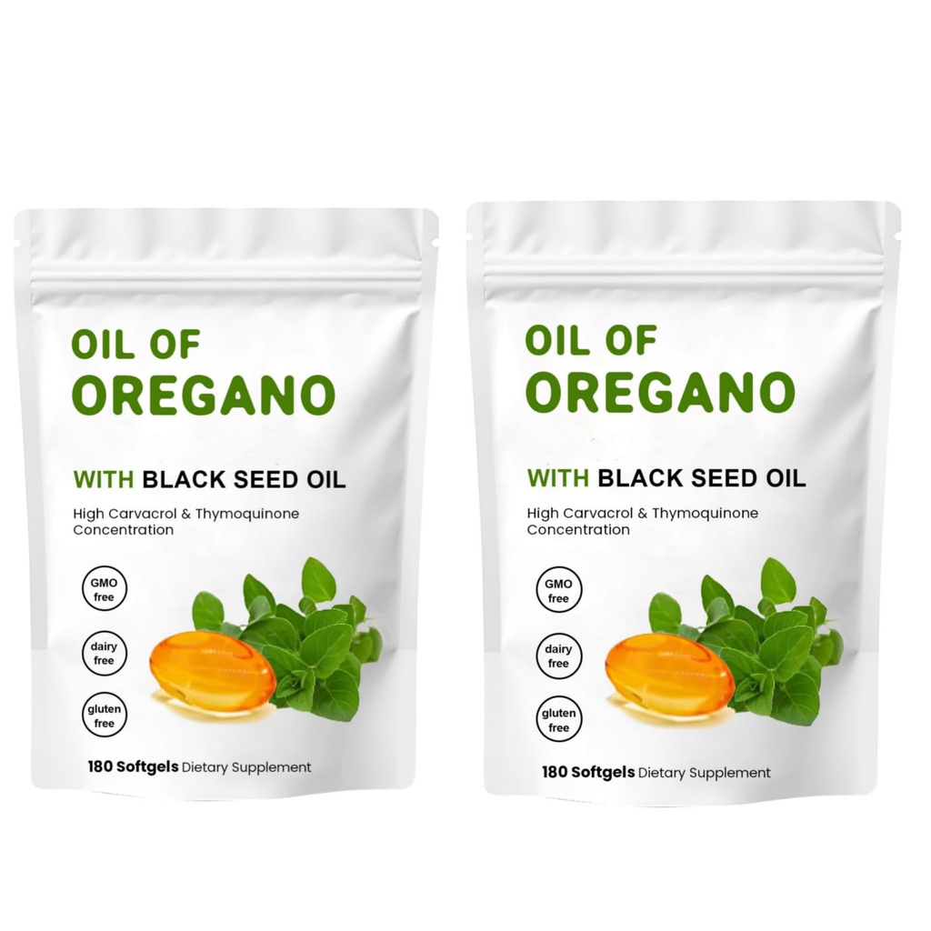 2 pakke olje av Oregano Softgels, 2 i 1 olje av Oregano med svart frøolje 200 mg, Glutenfri